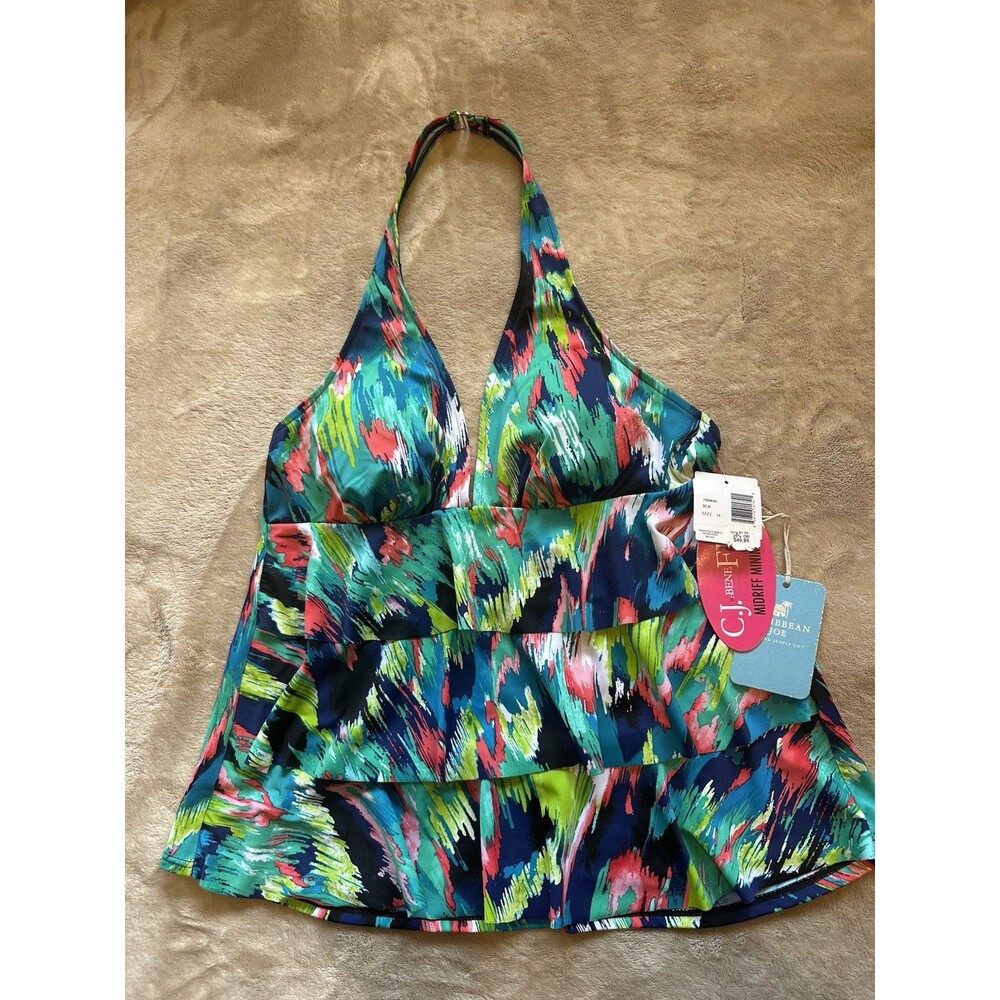 Caribbean Joe Swimsuit HALTER TOP Tankini Tiered Ruffle Sz 14 Midriff Minimizer
